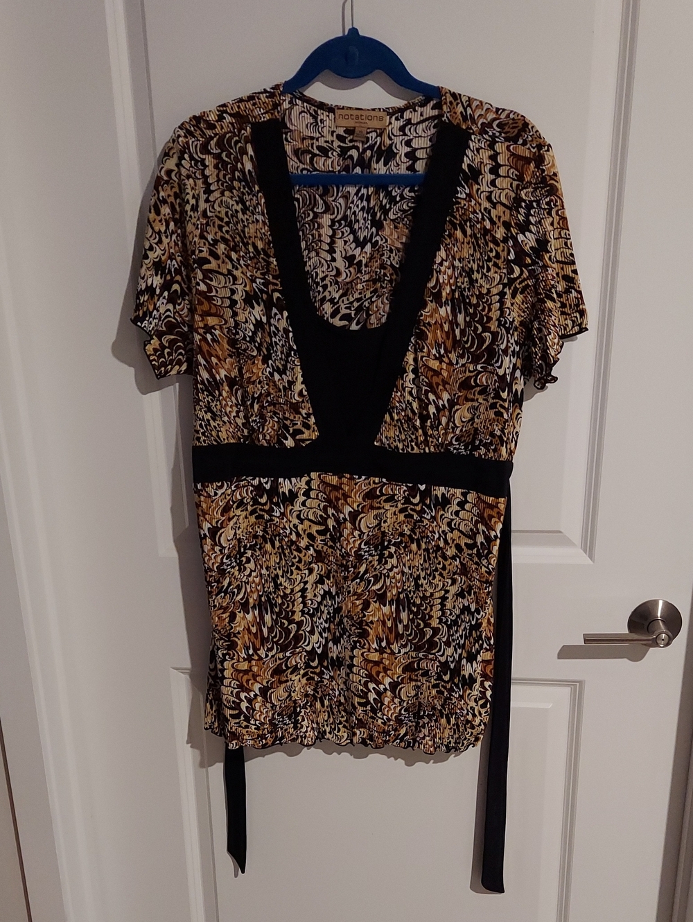 Notations Black, Tan & Cream Printed V-Neck Tunic with Waist Tie